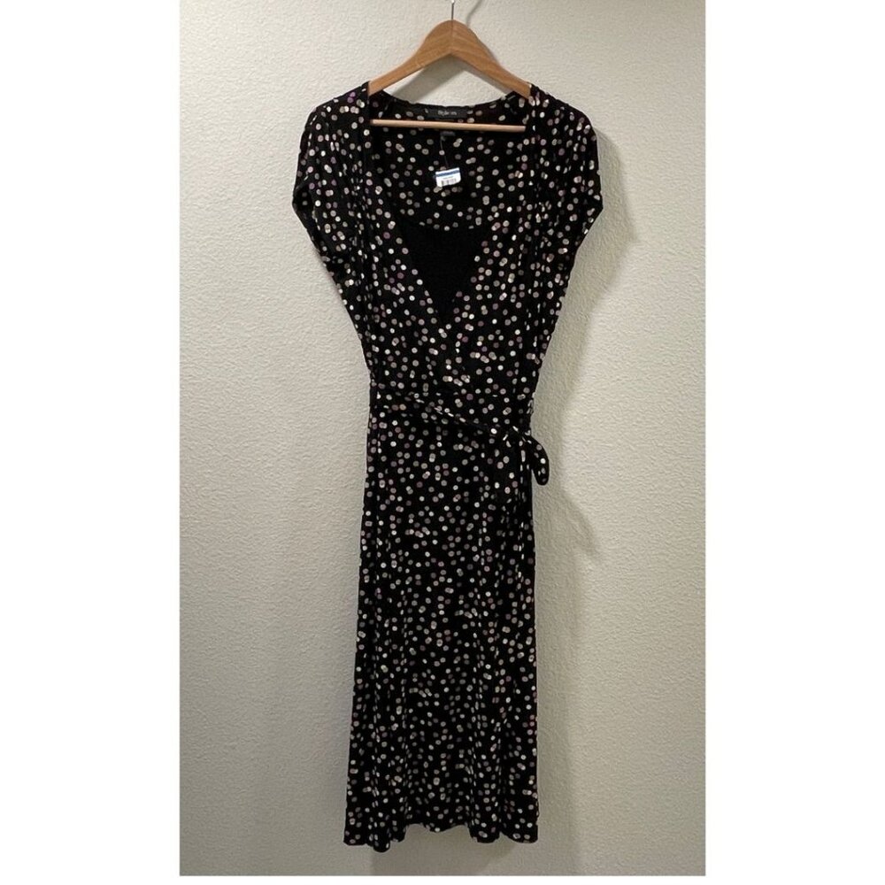 Style & Co Bora Bora Surplice Black Tan Pink Polka Dot Midi Dress XL NWT